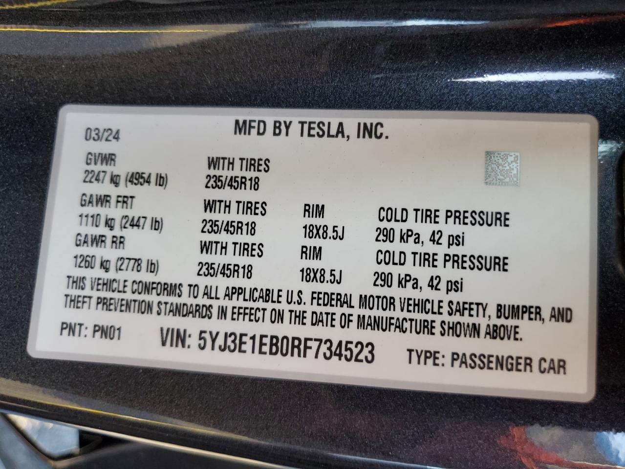 2024 TESLA MODEL 3 VIN:5YJ3E1EB0RF734523