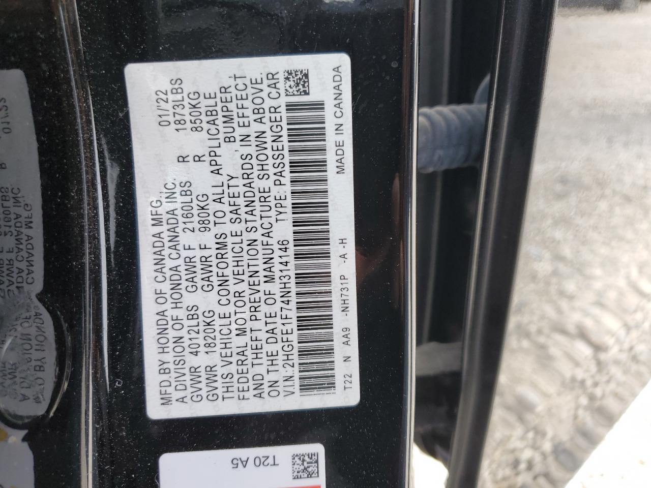 2022 HONDA CIVIC EX VIN:2HGFE1F74NH314146