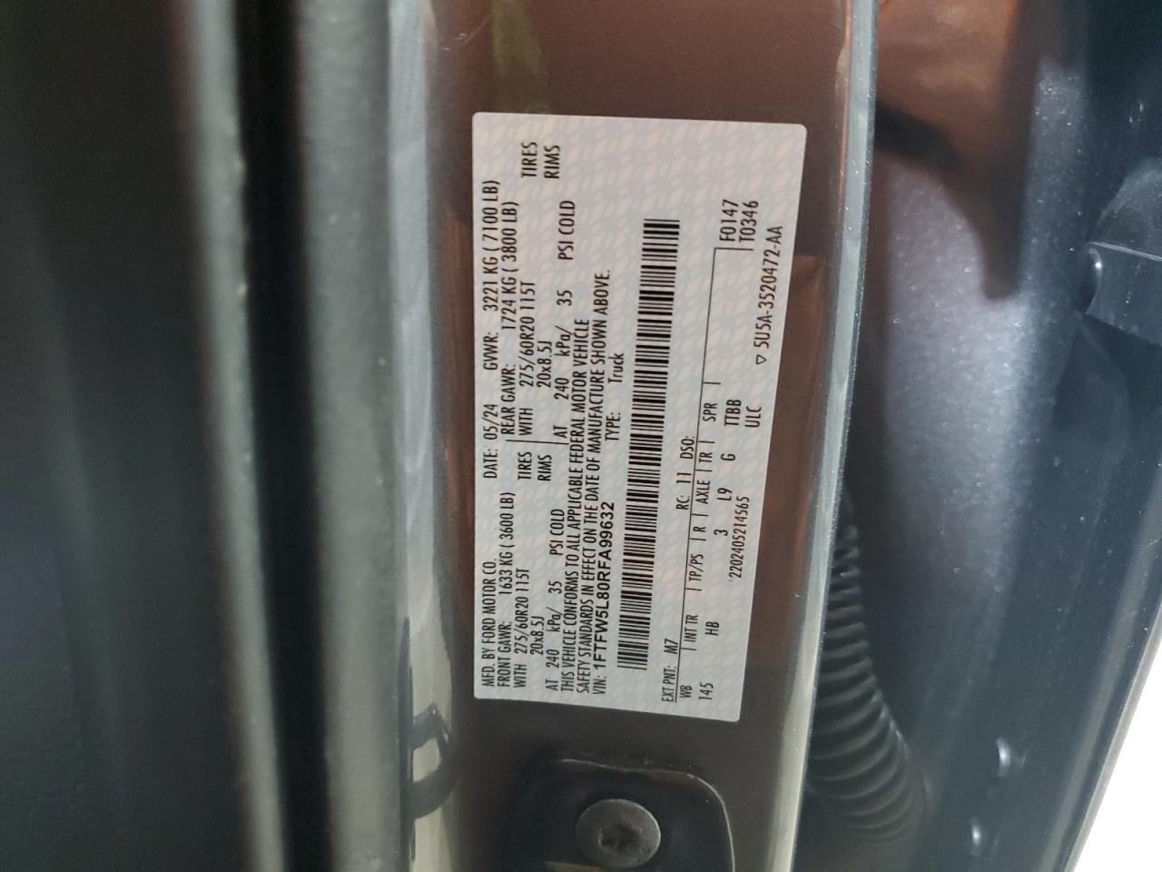 2024 FORD F150 LARIAT VIN:1FTFW5L80RFA99632
