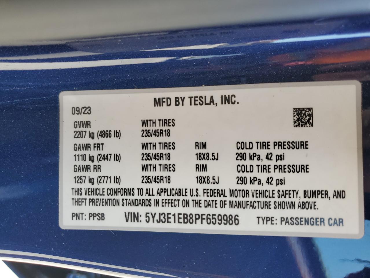 2023 TESLA MODEL 3 VIN:5YJ3E1EB8PF659986