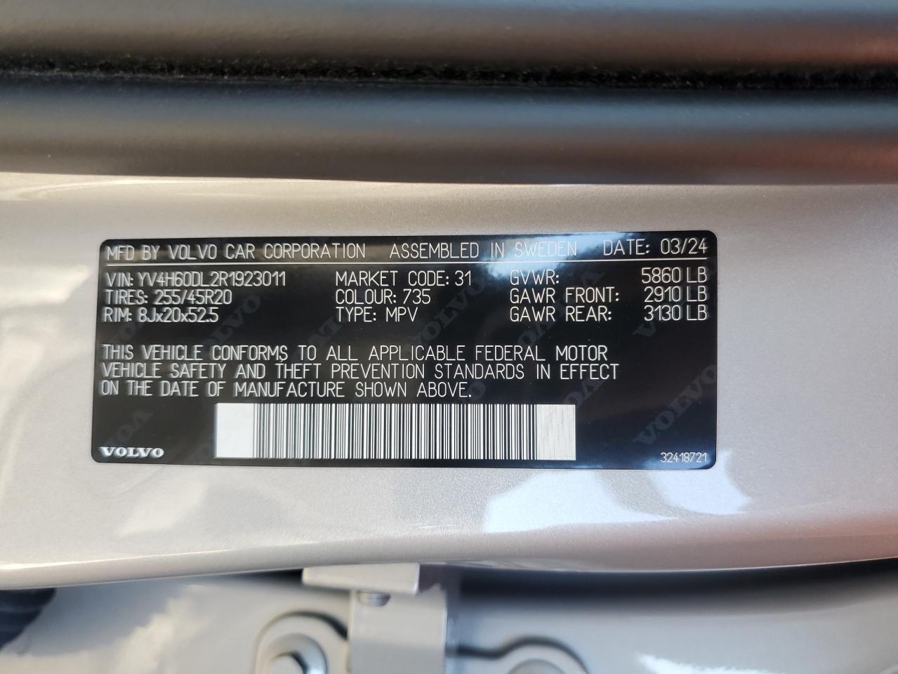 2024 VOLVO XC60 PLUS VIN:YV4H60DL2R1923011