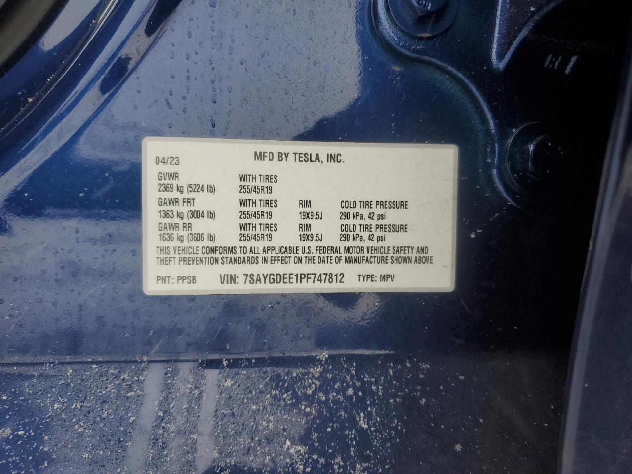 2023 TESLA MODEL Y VIN:7SAYGDEE1PF747812