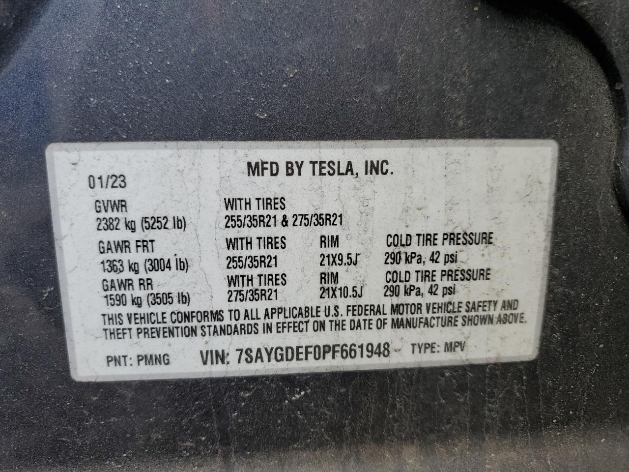 2023 TESLA MODEL Y VIN:7SAYGDEF0PF661948