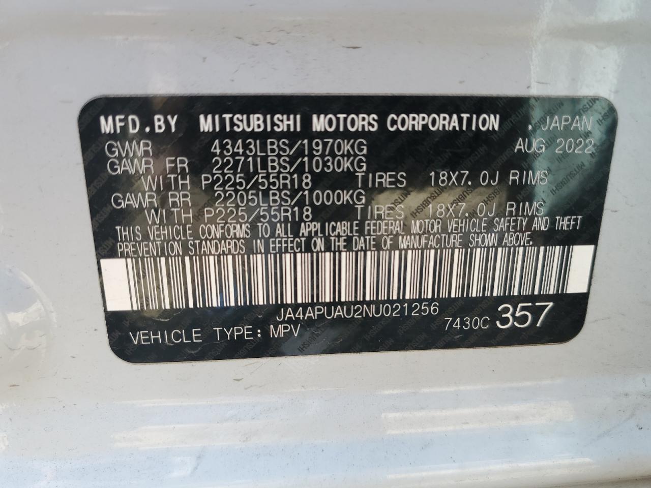 2022 MITSUBISHI OUTLANDER SPORT ES VIN:JA4APUAU2NU021256