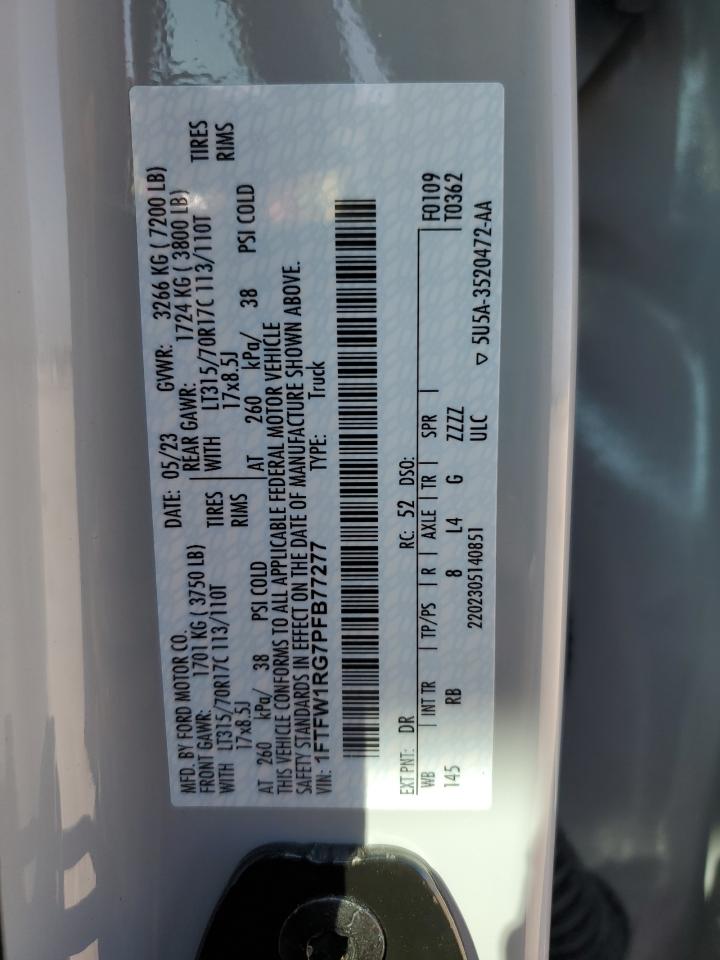 2023 FORD F150 RAPTOR VIN:1FTFW1RG7PFB77277