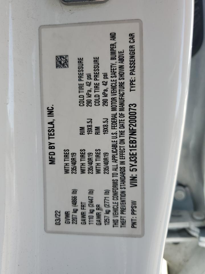 2022 TESLA MODEL 3 VIN:5YJ3E1EB7NF200073