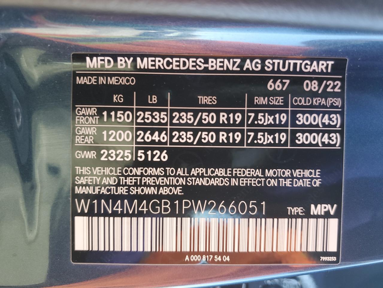 2023 MERCEDES-BENZ GLB 250 VIN:W1N4M4GB1PW266051