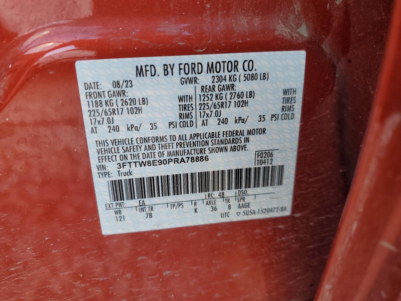 2023 FORD MAVERICK XL VIN:3FTTW8E90PRA78886