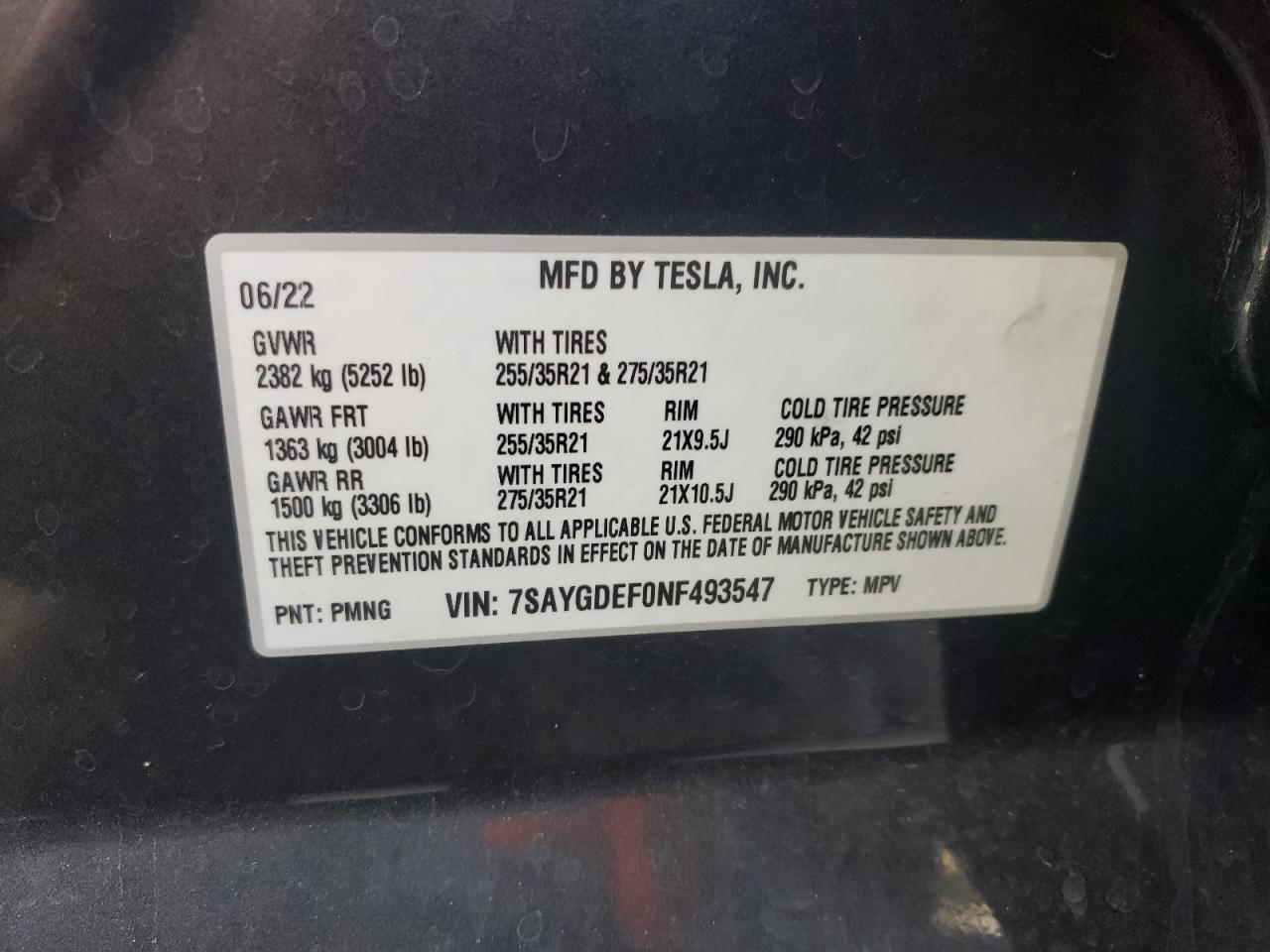 2022 TESLA MODEL Y VIN:7SAYGDEF0NF493547