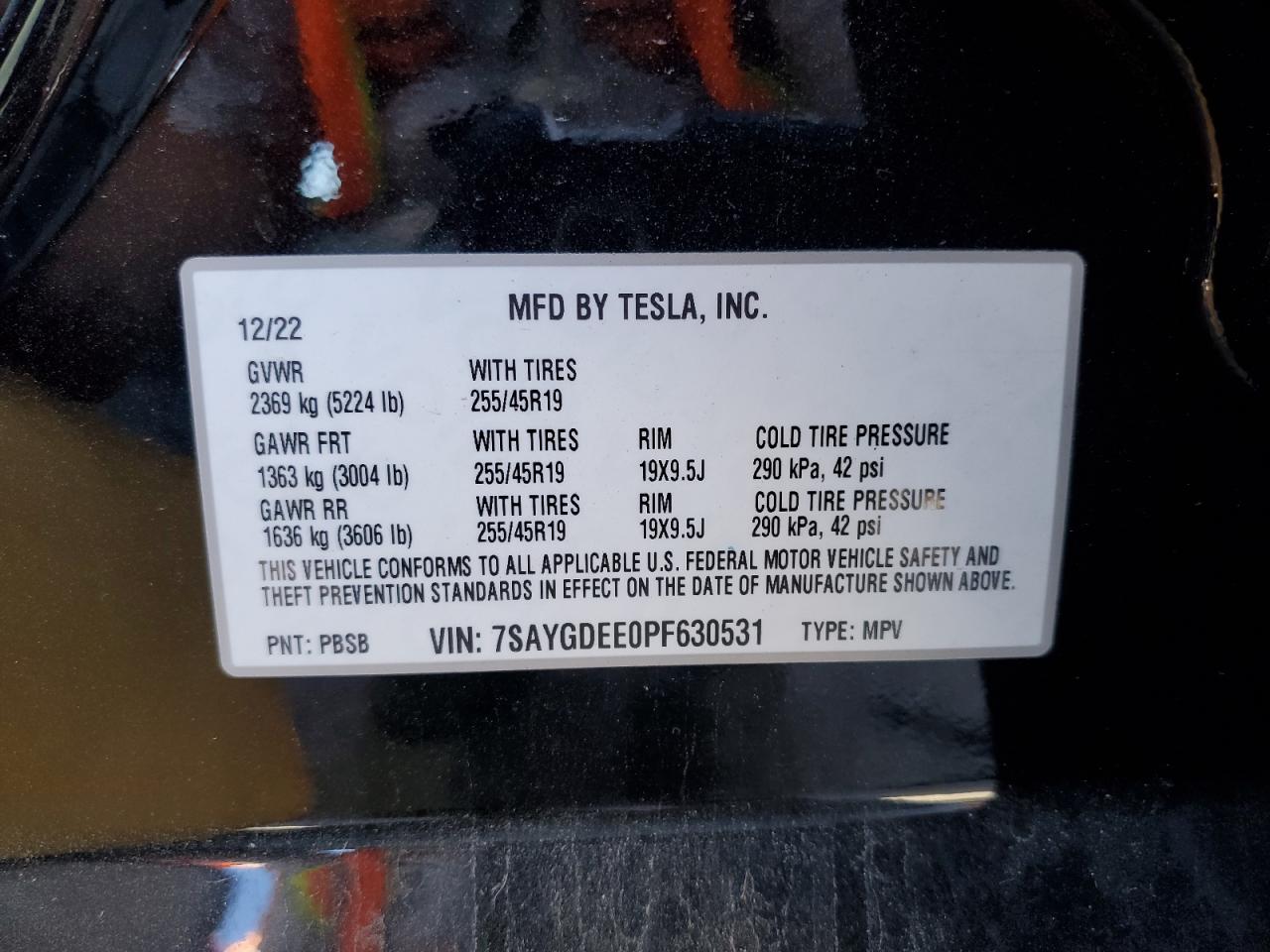 2023 TESLA MODEL Y VIN:7SAYGDEE0PF630531