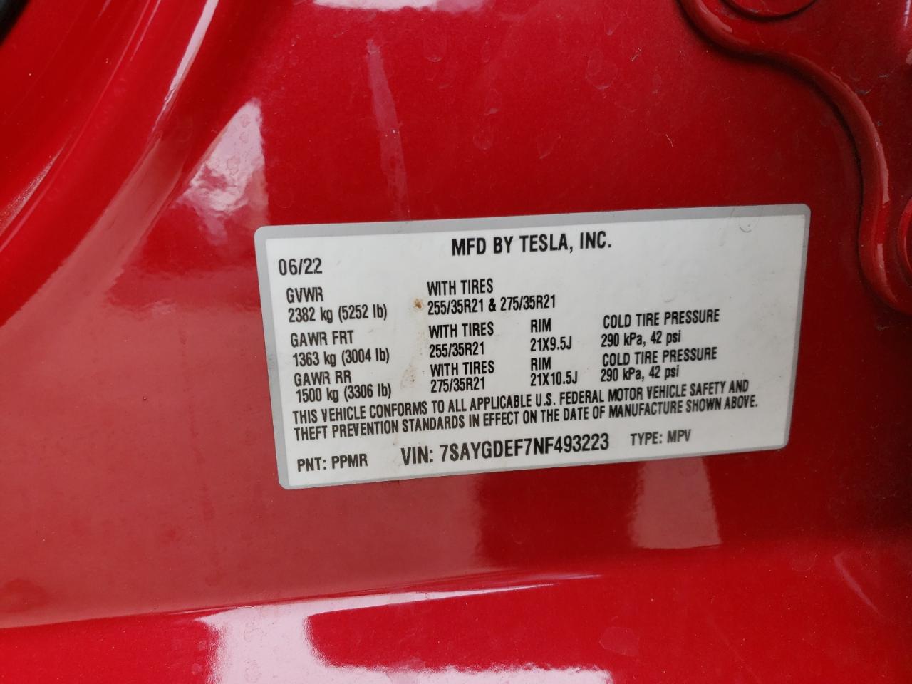 2022 TESLA MODEL Y VIN:5TDBY67A38S008833