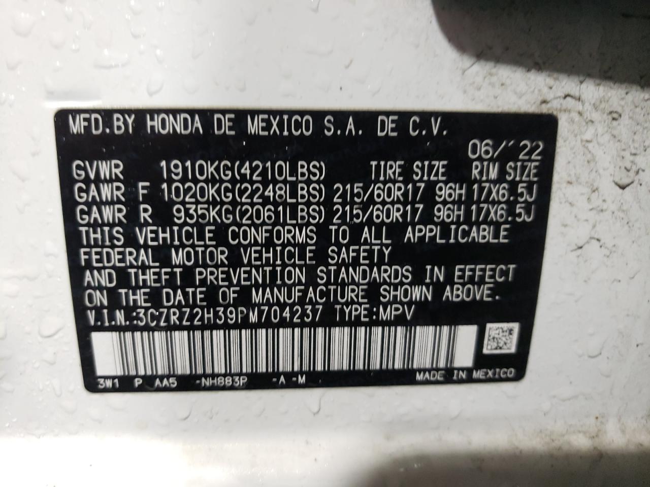 2023 HONDA HR-V LX VIN:3CZRZ2H39PM704237