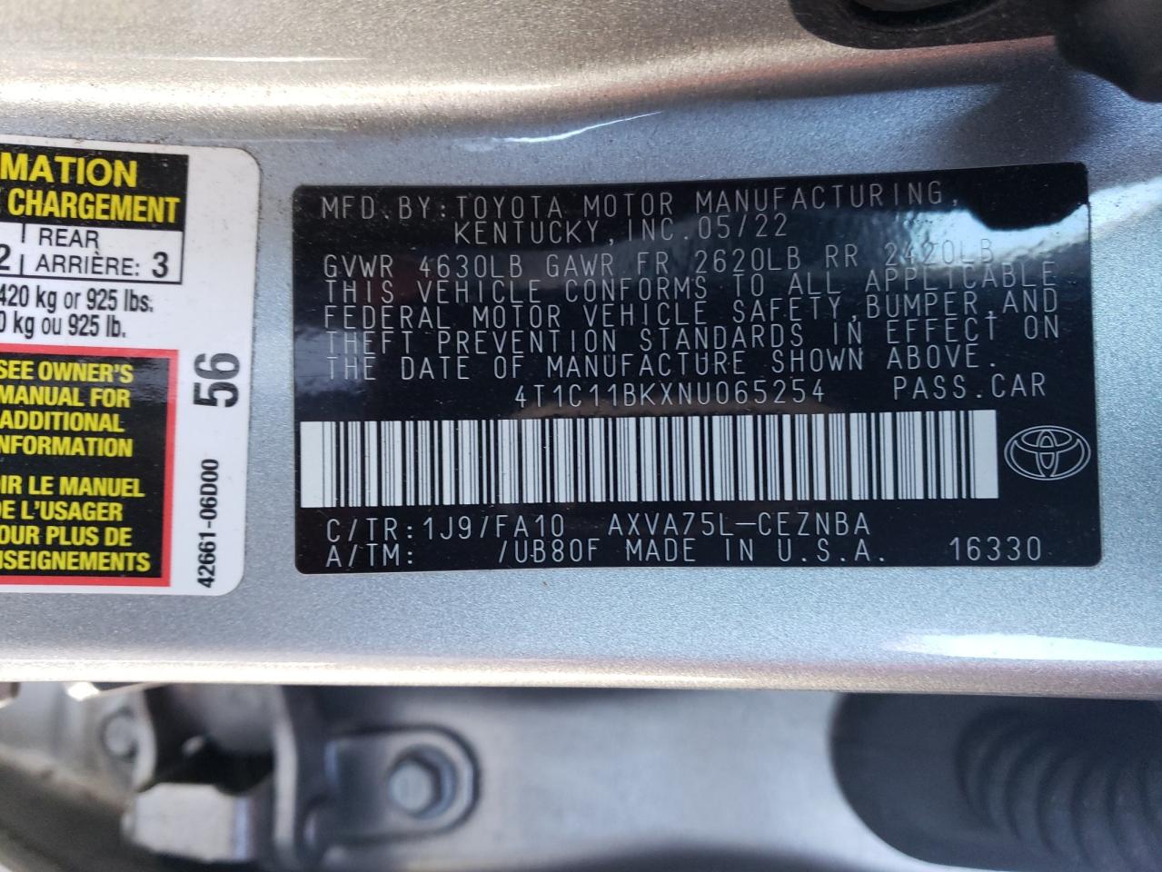 2022 TOYOTA CAMRY LE VIN:4T1C11BKXNU065254