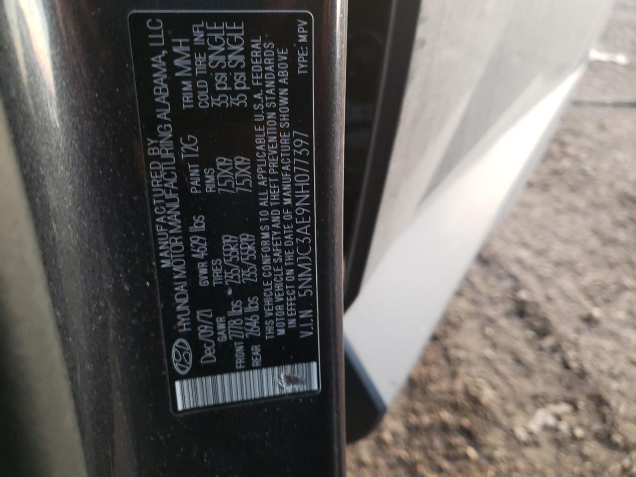 2022 HYUNDAI TUCSON SEL VIN:5NMJC3AE9NH077397
