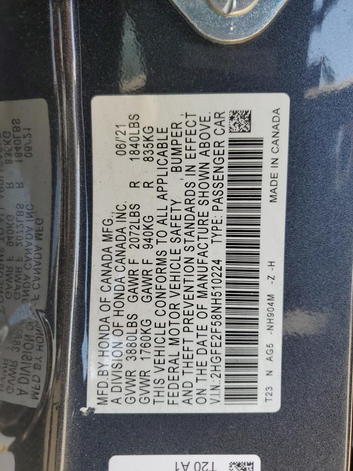 2022 HONDA CIVIC SPORT VIN:2HGFE2F58NH510224