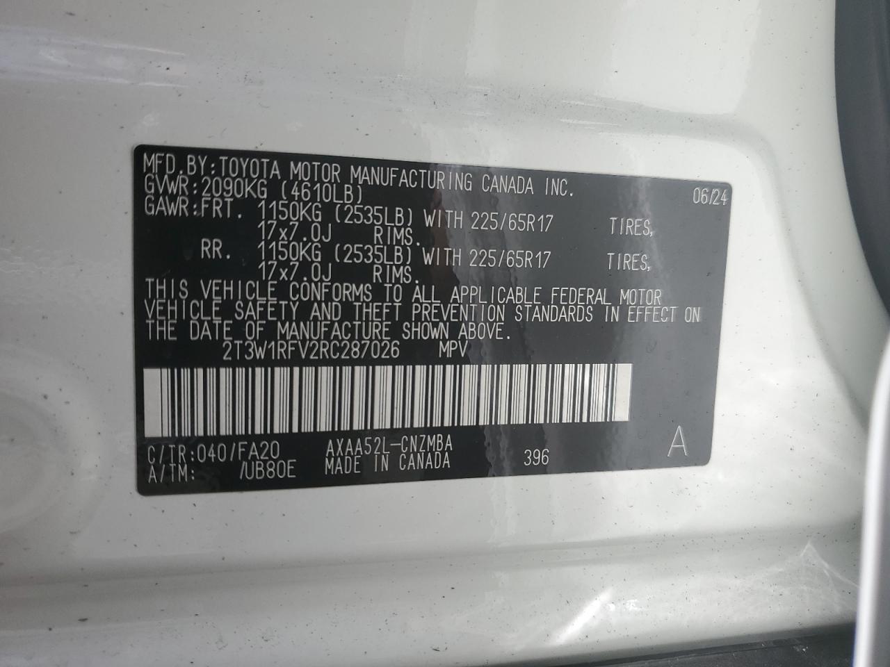 2024 TOYOTA RAV4 XLE VIN:2T3W1RFV2RC287026