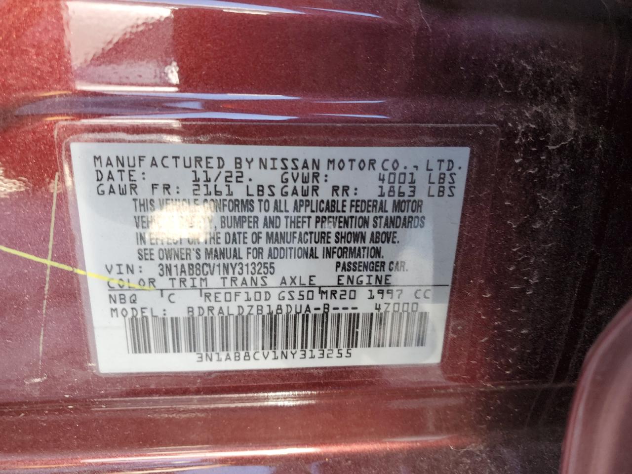 2022 NISSAN SENTRA SV VIN:3N1AB8CV1NY313255