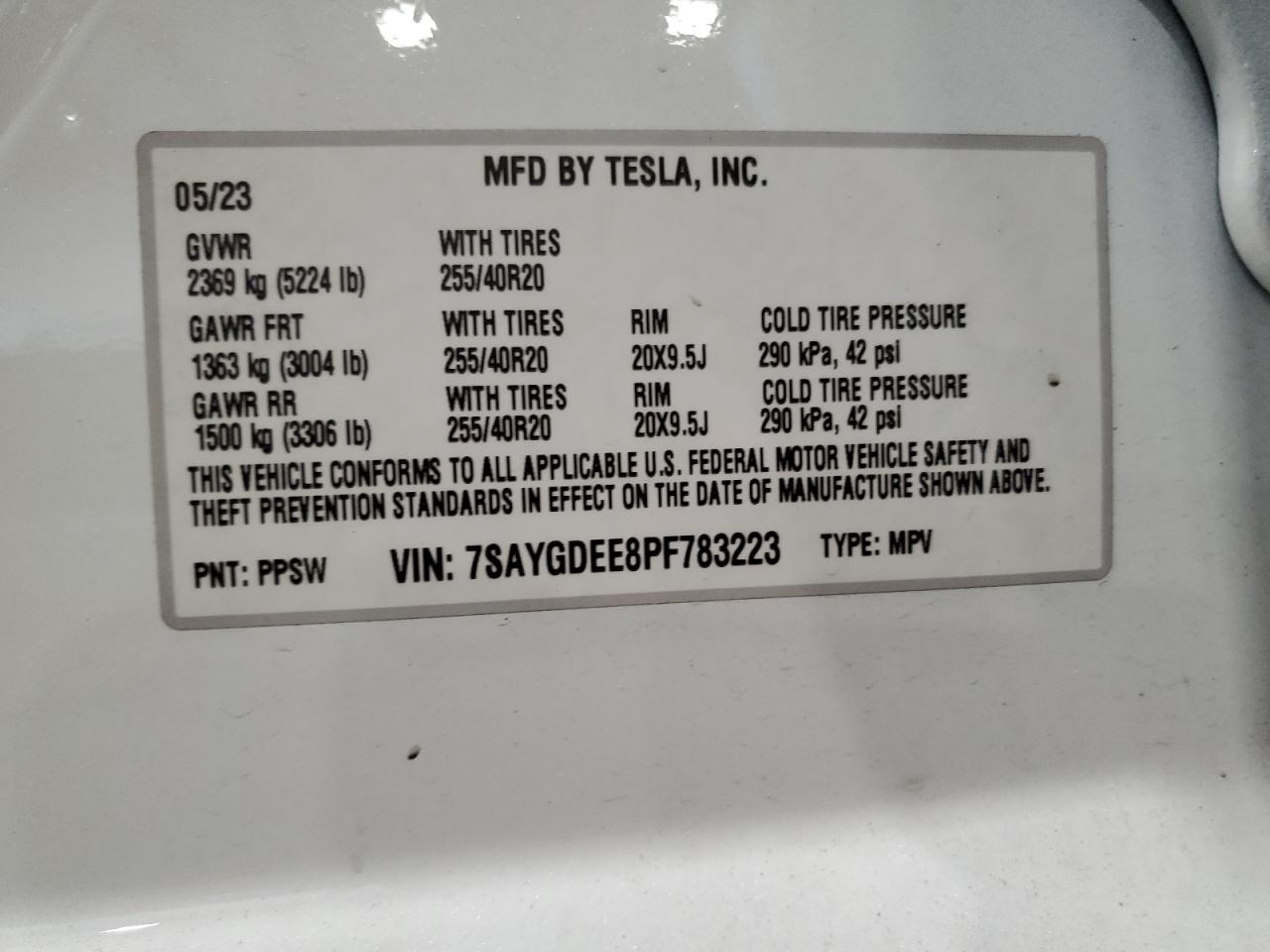2023 TESLA MODEL Y VIN:7SAYGDEE8PF783223