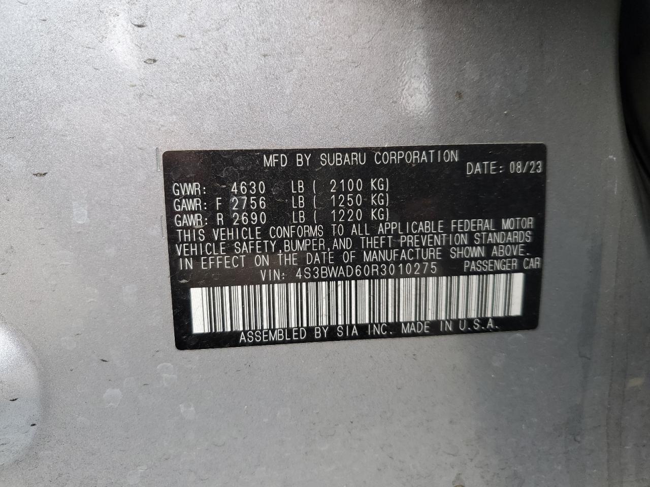 2024 SUBARU LEGACY PREMIUM VIN:4S3BWAD60R3010275