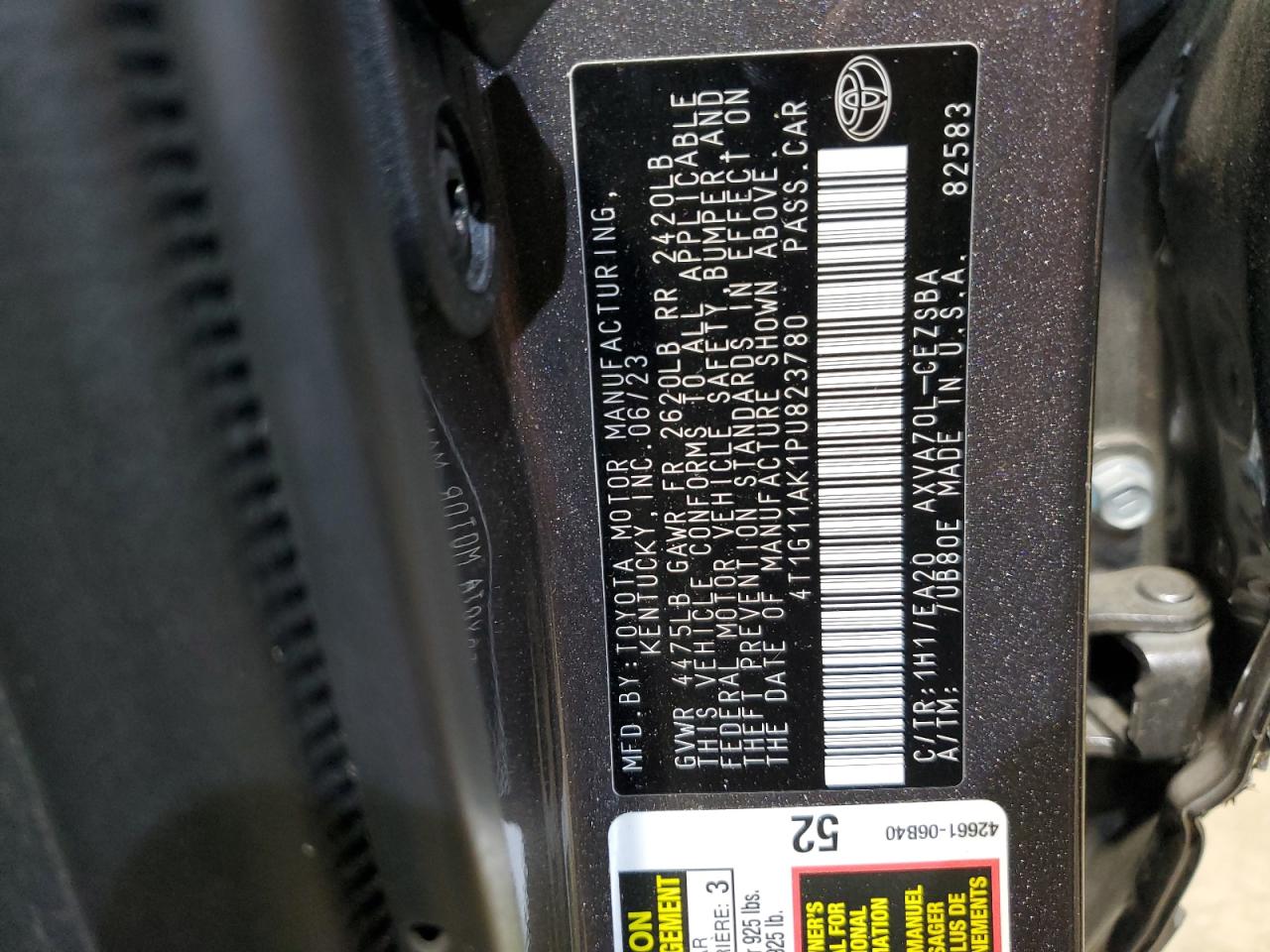 2023 TOYOTA CAMRY SE NIGHT SHADE VIN:4T1G11AK1PU823780