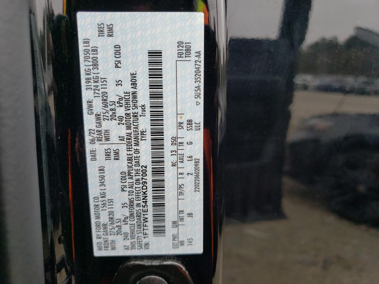 2022 FORD F150 SUPERCREW VIN:1FTFW1E54NKD97002