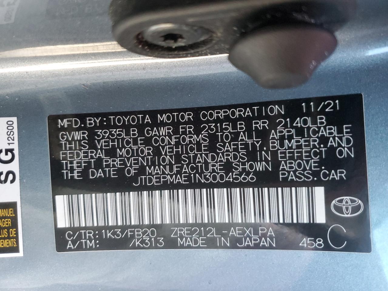 2022 TOYOTA COROLLA LE VIN:JTDEPMAE1N3004566