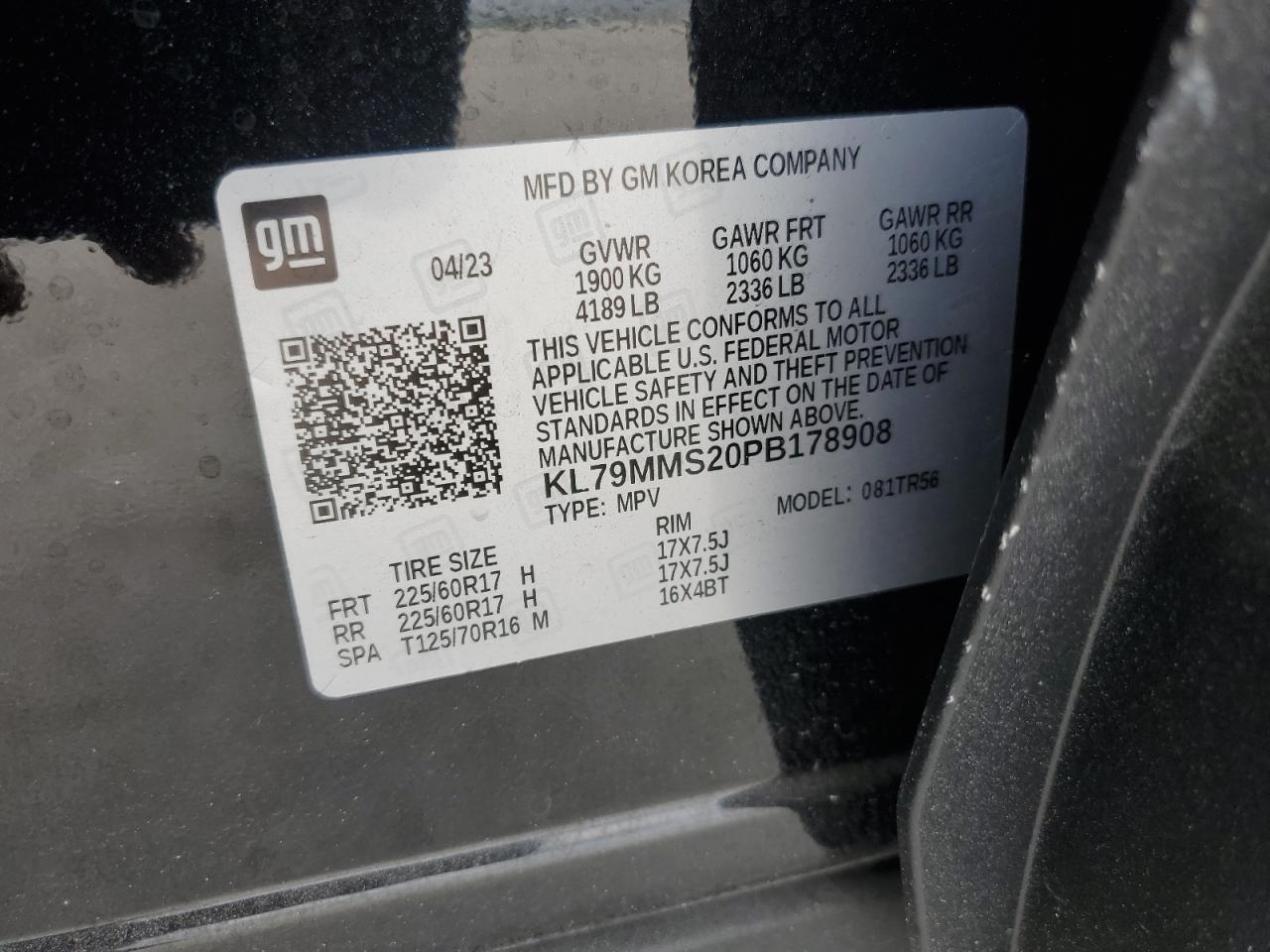 2023 CHEVROLET TRAILBLAZER LS VIN:KL79MMS20PB178908