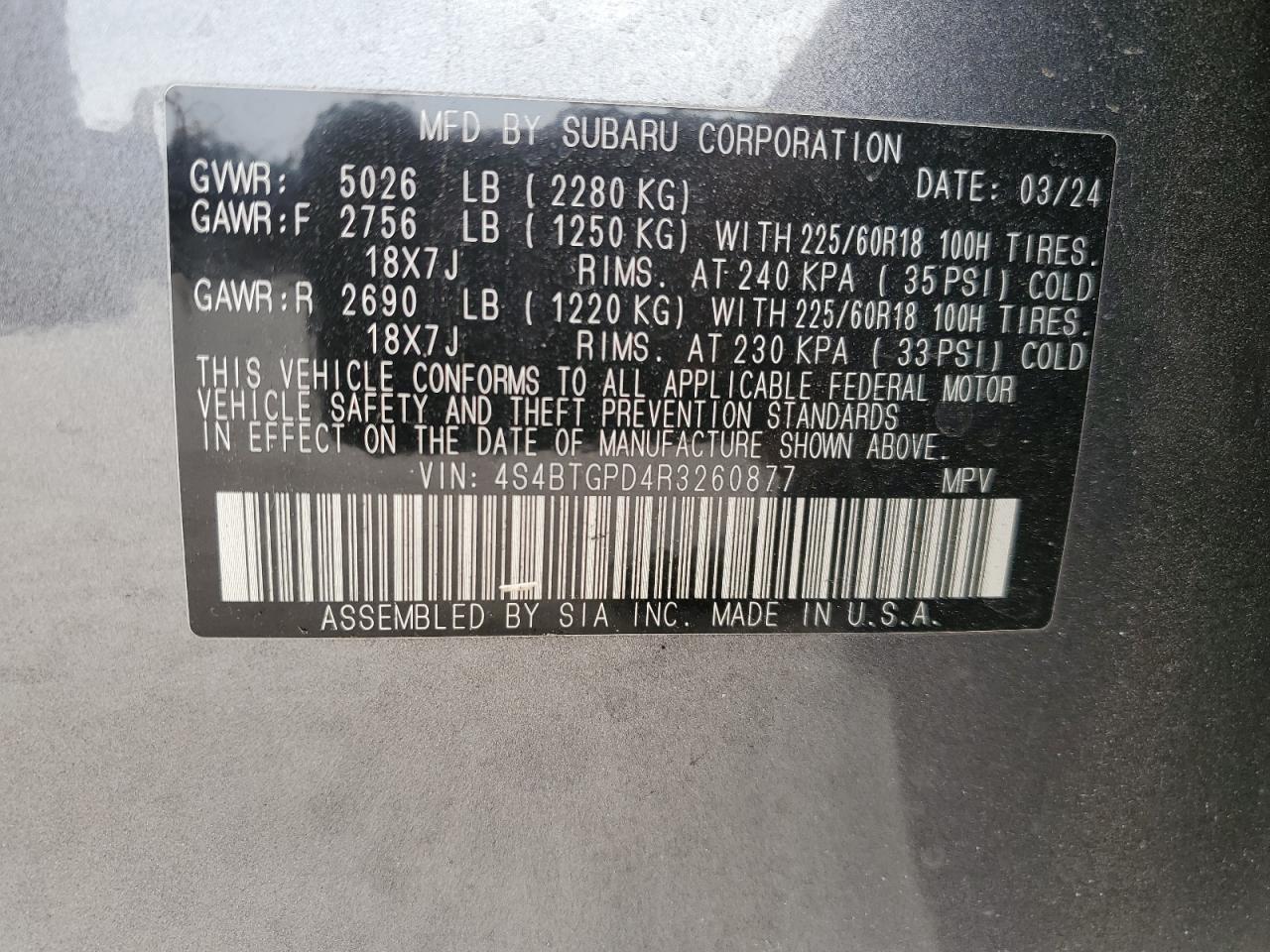 2024 SUBARU OUTBACK TOURING VIN:4S4BTGPD4R3260877