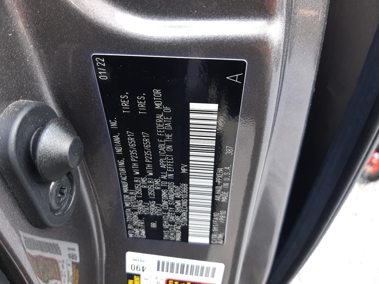 2022 TOYOTA SIENNA LE VIN:5TDKRKECXNS103668