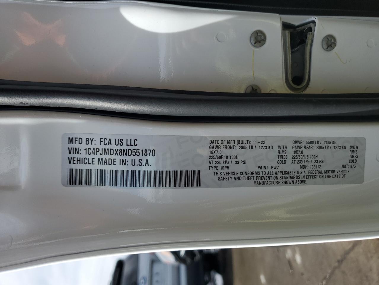 2022 JEEP CHEROKEE LIMITED VIN:1C4PJMDX8ND551870