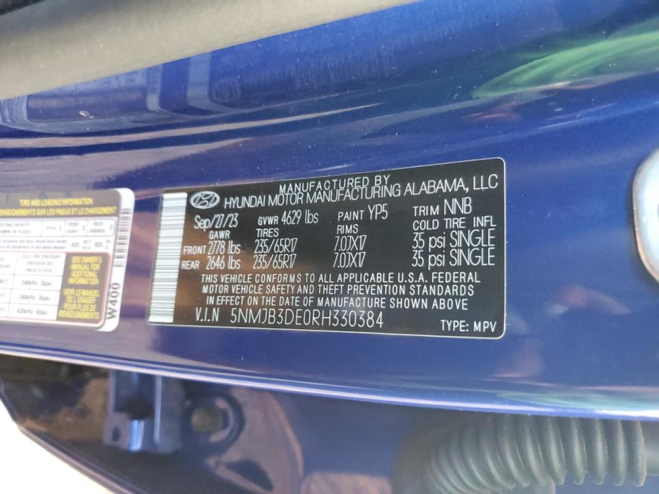 2024 HYUNDAI TUCSON SEL VIN:5NMJB3DE0RH330384