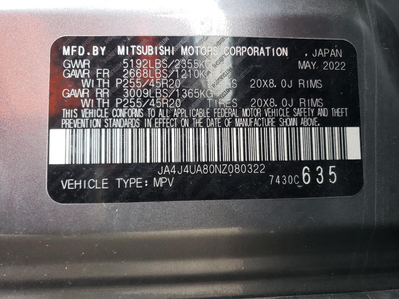 2022 MITSUBISHI OUTLANDER SE VIN:JA4J4UA80NZ080322