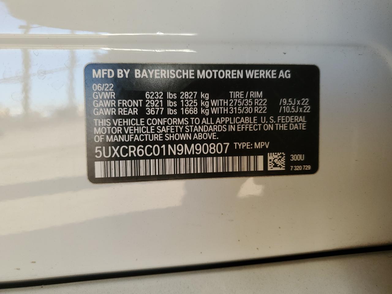 2022 BMW X5 XDRIVE40I VIN:5UXCR6C01N9M90807