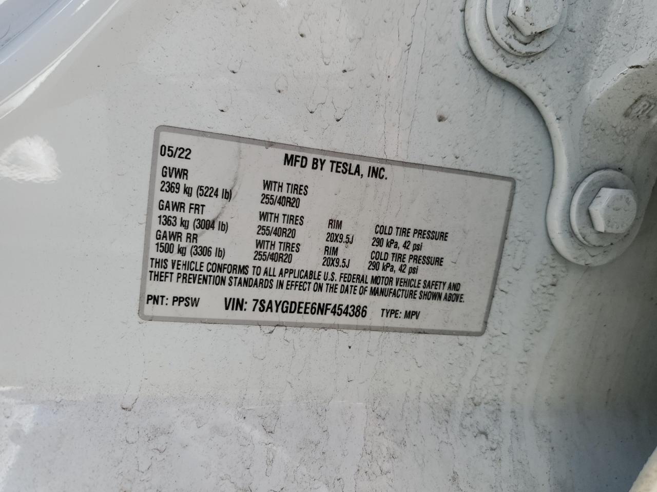 2022 TESLA MODEL Y VIN:7SAYGDEE6NF454386