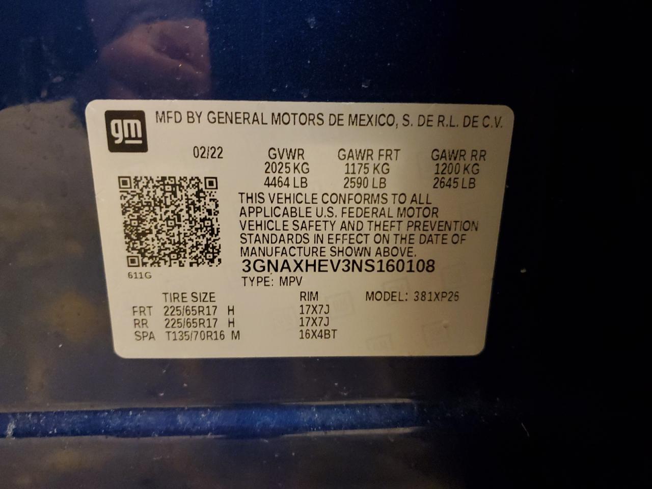 2022 CHEVROLET EQUINOX LS VIN:3GNAXHEV3NS160108