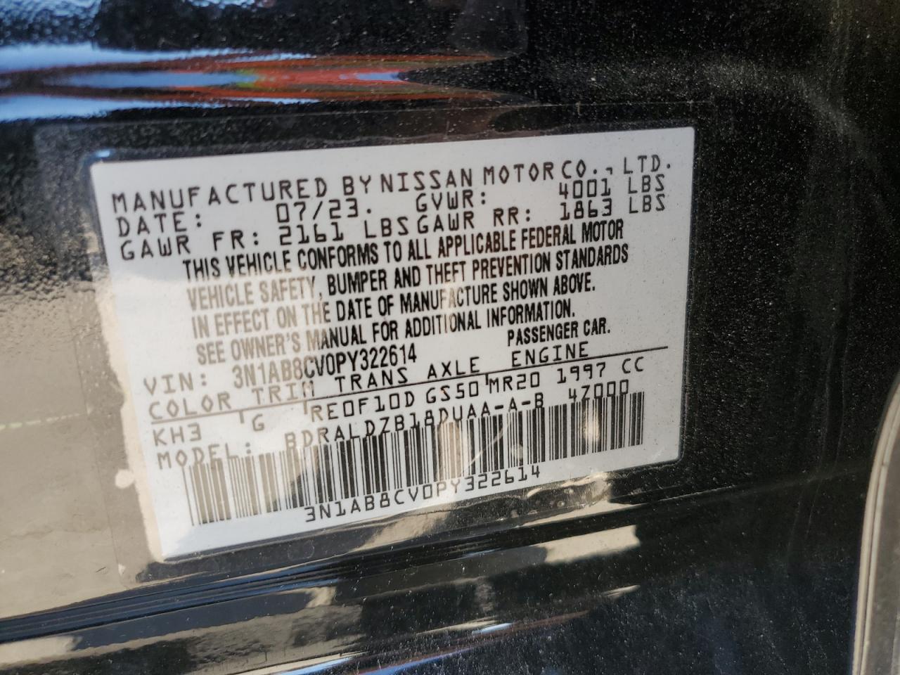 2023 NISSAN SENTRA SV VIN:3N1AB8CV0PY322614