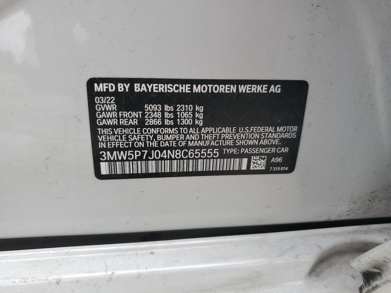 2022 BMW 330E VIN:3MW5P7J04N8C65555