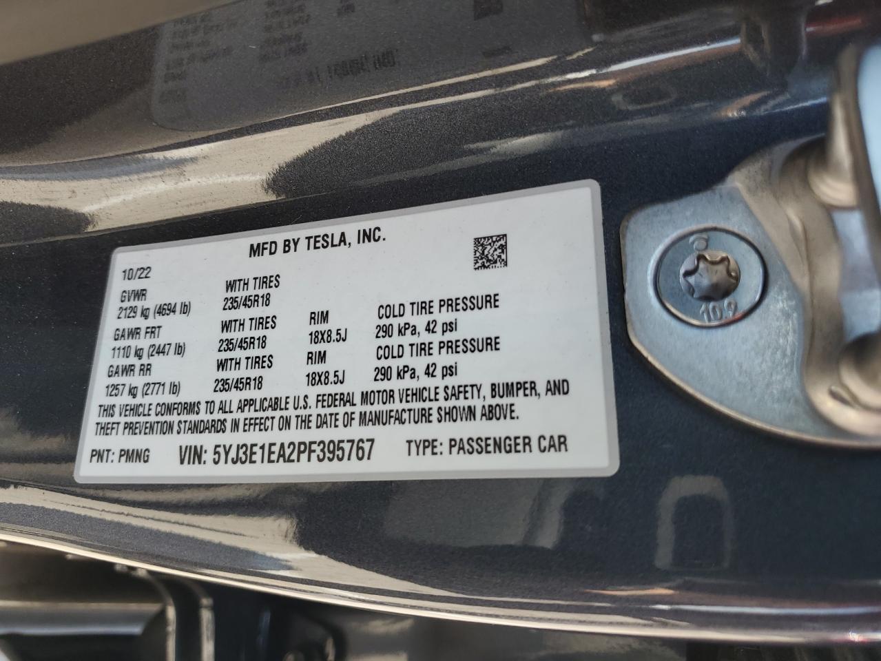 2023 TESLA MODEL 3 VIN:5YJ3E1EA2PF395767