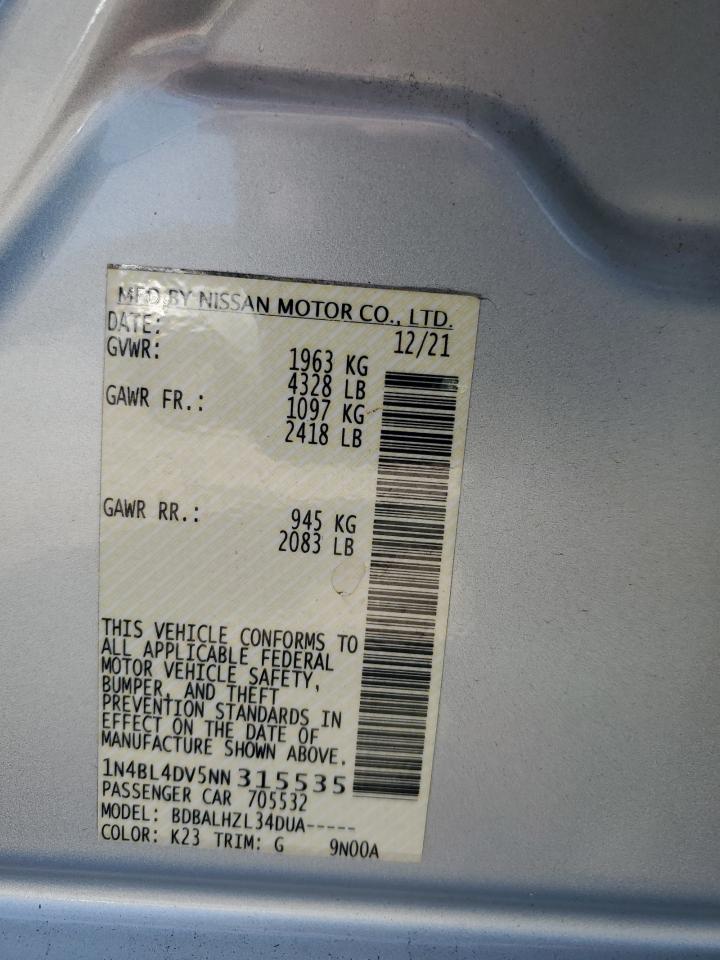 2022 NISSAN ALTIMA SV VIN:1N4BL4DV5NN315535