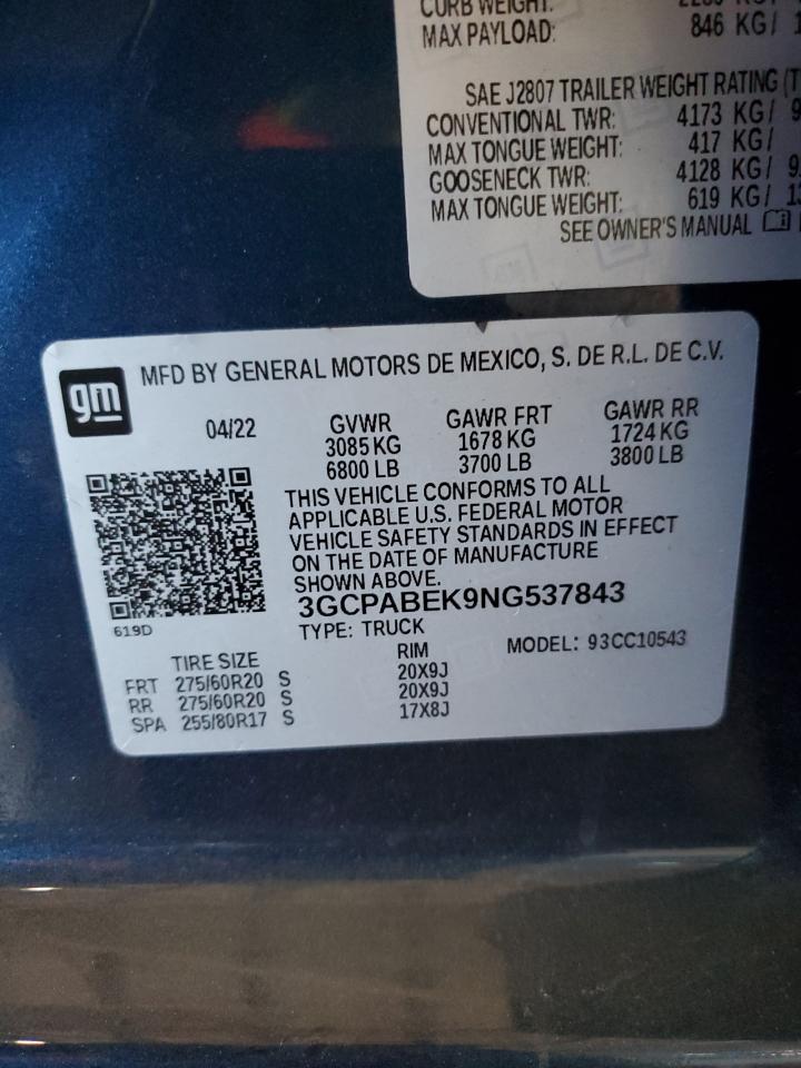 2022 CHEVROLET SILVERADO C1500 CUSTOM VIN:3GCPABEK9NG537843