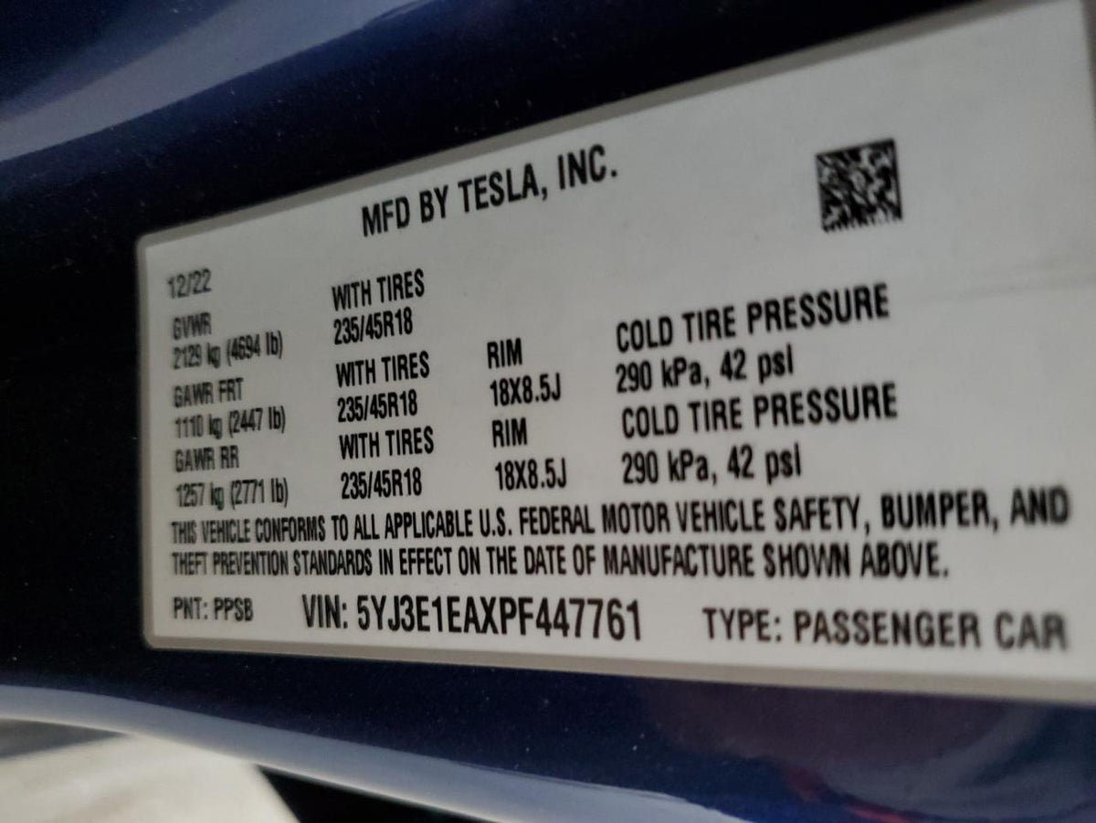2023 TESLA MODEL 3 VIN:5YJ3E1EAXPF447761