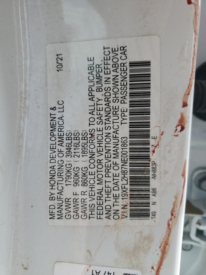 2022 HONDA CIVIC SPORT VIN:19XFL2H87NE001863