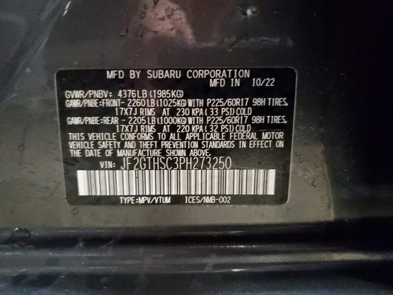 2023 SUBARU CROSSTREK SPORT VIN:JF2GTHSC3PH273250