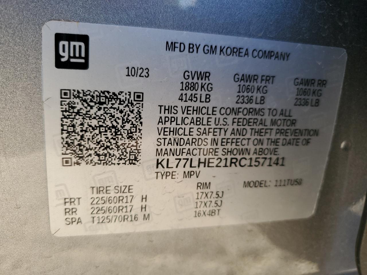 2024 CHEVROLET TRAX 1LT VIN:KL77LHE21RC157141