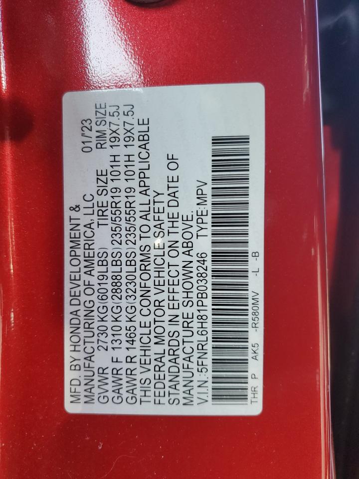 2023 HONDA ODYSSEY TOURING VIN:5FNRL6H81PB038246