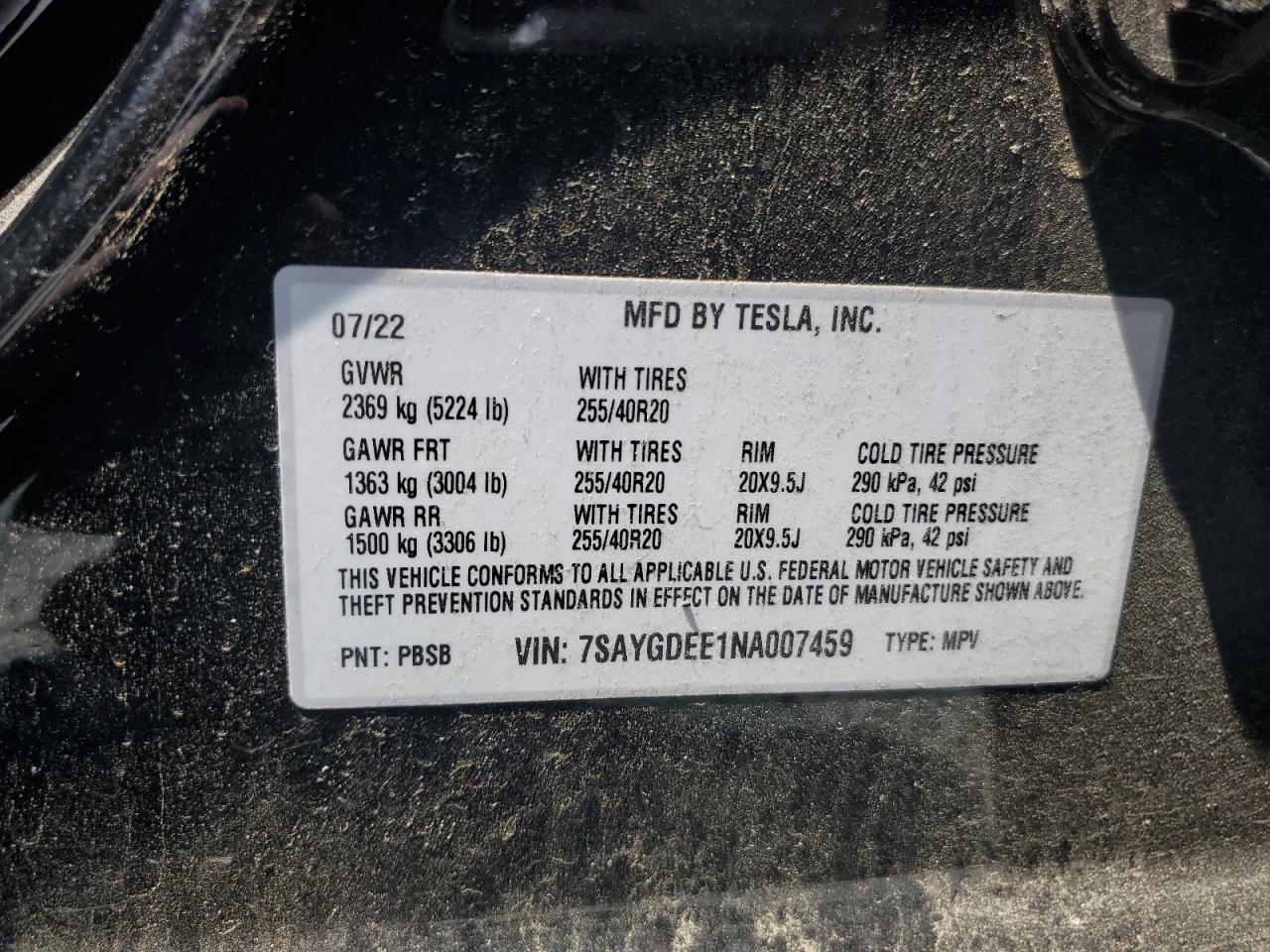 2022 TESLA MODEL Y VIN:7SAYGDEE1NA007459