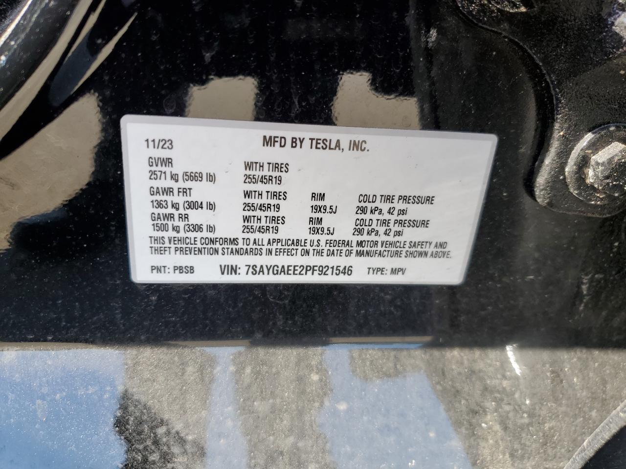 2023 TESLA MODEL Y VIN:7SAYGAEE2PF921546