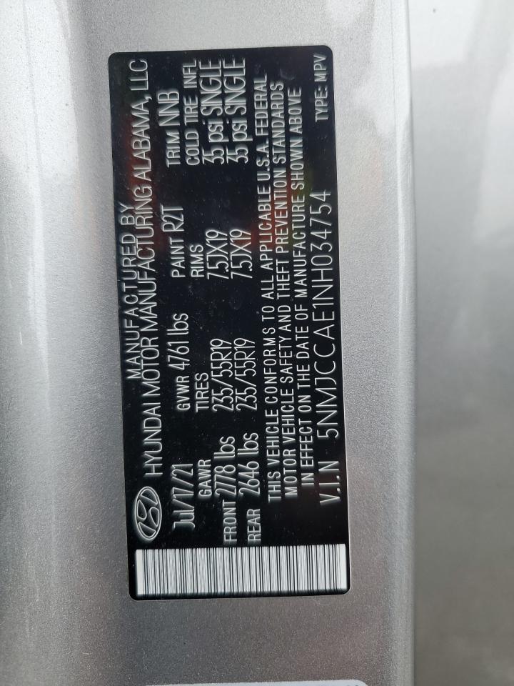 2022 HYUNDAI TUCSON SEL VIN:5NMJCCAE1NH034754