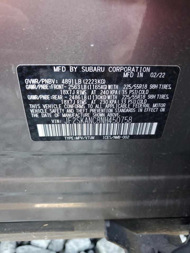 2022 SUBARU FORESTER LIMITED VIN:JF2SKANC8NH450758
