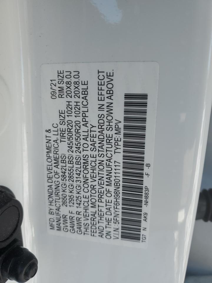 2022 HONDA PILOT TOURING VIN:5FNYF6H98NB011117